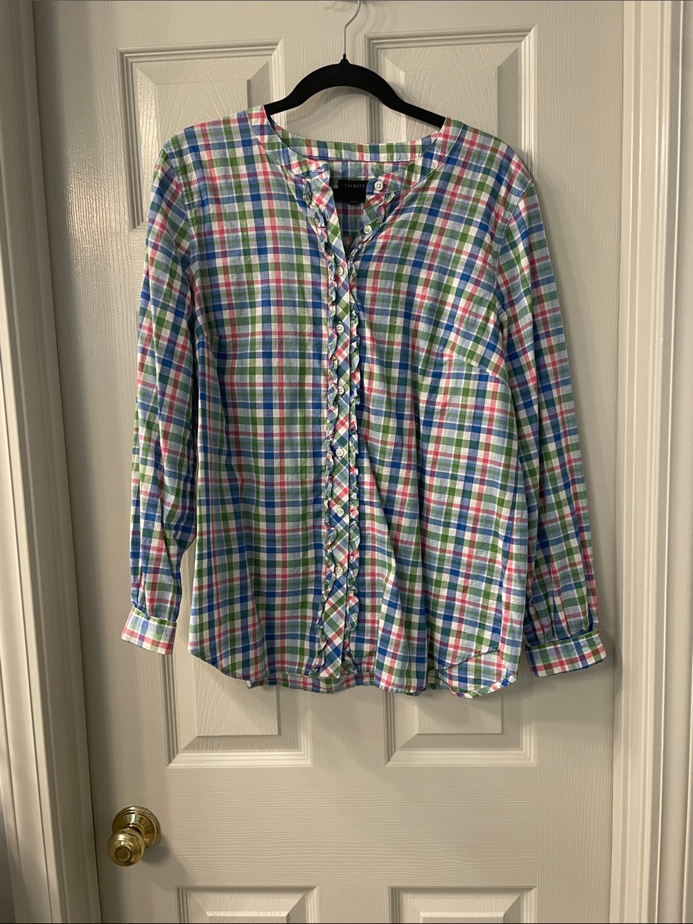 Talbots Pastel Plaid Ruffle-Front Button-Down Shirt - Pink, Blue, Green